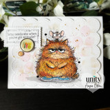 Card of the fluffy ginger cat with a mouse on its head, 'who needs abs when you've got attitude?'