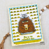 Card of the fluffy brown grump on a green scallop background, 'this is my motivated face.'
