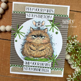 Kraft card of the fluffy cat with mouse in a circle, 'may your pants stay stretchy and your drama stay on netflix.'