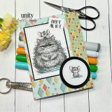 Card of the grey fluffy cat with mouse on a diamond-print panel, 'over it. all of it,' styled with markers.