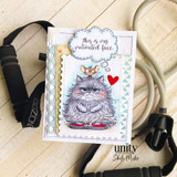 Card of the grey fluffy grump with a red heart, 'this is my motivated face,' styled with a camera strap.