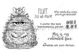 Line-art stamp of an enormously fluffy grumpy cat on a scale with a mouse on its head and sentiments 'it's all fluff,' 'I prefer the term horizontally gifted' and 'this is my motivated face.'