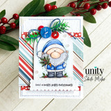 A stamped card showcasing a chubby, cheerful cartoon Santa holding pine sprigs from Unity Stamp Co's A Little Ho Ho Ho red rubber stamp set, with the sentiment 'Merry Christmas'.
