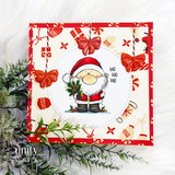 A handmade greeting card with a chubby, cheerful cartoon Santa holding pine sprigs from Unity Stamp Co's A Little Ho Ho Ho red rubber stamp set, with the sentiment 'Have a holly jolly everything!'.