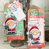 A handmade greeting card with a chubby, cheerful cartoon Santa holding pine sprigs from Unity Stamp Co's A Little Ho Ho Ho red rubber stamp set, with the sentiment 'Merry Christmas'.
