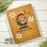 A cardmaking project featuring a chubby, cheerful cartoon Santa holding pine sprigs from Unity Stamp Co's A Little Ho Ho Ho red rubber stamp set, with the sentiment 'You're on the nice list'.