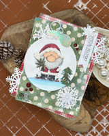 A stamped card showcasing a chubby, cheerful cartoon Santa holding pine sprigs from Unity Stamp Co's A Little Ho Ho Ho red rubber stamp set, with the sentiment 'Believe'.