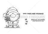 The A Little Ho Ho Ho red rubber stamp set from Unity Stamp Co - a chubby, cheerful cartoon Santa holding pine sprigs, with sentiments including: Ho Ho Ho; Merry Christmas; Have a holly jolly everything!.
