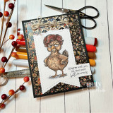 Card with the hen in warm browns on a stitched banner over dark floral paper with a clip and twine, and the I'd agree with you but then we'd both be wrong sentiment.