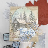 Vintage card with the cabin scene in an arch and 'Thanks.'