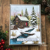 Card with the coloured cabin and 'Wishing you the warmth of a cozy winter in your heart and your home.'