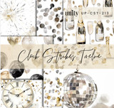 Clock Strikes Twelve 6x6 paper pack, champagne bottles and flutes, disco balls, clock faces and gold confetti in black, cream and metallic gold.