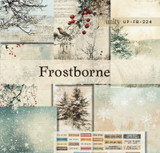 Frostborne paper pack — vintage winter prints with snowy trees, cardinals and red berries in muted cream and soft blue, plus a word-strip sheet.