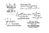 Hope in the Heavy red rubber sentiment set - six hand-lettered lines in mixed serif and script, including 'Hope may bend, but it never breaks.' and 'Light still lives here, even when the world feels dark.'