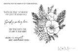 Red rubber KOMpanion stamp sheet with a winter bouquet built around a large open bloom, pine branches, seed pods, berries and a pine cone, beside sentiments reading 'Simply sending love' and 'May peace gently find its way to your heart'.