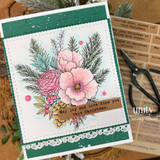 Sample card with the winter bouquet colored in soft pinks on a stitched panel over a deep green embossed card base, trimmed with cream lace and a kraft sentiment strip.