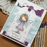 Card with purple and mint cloud panels, the fairy in a lilac dress, and 'Twinkle on, sweet girl.' on a white strip.