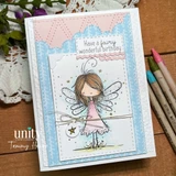 Card with a blue cloud panel and the fairy in a pink dress under 'Have a fairy wonderful birthday' on a scalloped strip.