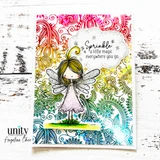 Card with a rainbow paisley background and the fairy in a pale dress inside a cloud frame, stamped 'Sprinkle a little magic everywhere you go.'