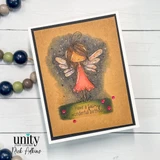 Card with the fairy in a coral dress glowing against a dark blended background and 'Have a fairy wonderful birthday' on a strip.