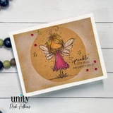 Kraft card with the fairy in a magenta dress inside a blended circle and 'Sprinkle a little magic everywhere you go' beside her.