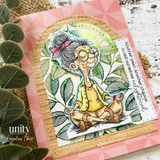 Arched card with the yoga woman over greenery and 'Another year, another chance to call ourselves enlightened.'