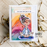 Card with the yoga woman over a rainbow wave and 'Inner peace looks good on you.'
