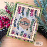 Sample card: a background of pink, navy and green socks stamped all over, with a hexagon frame holding 'Life is too short to match socks!'