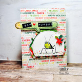 A stamped card showcasing a snarky green grasshopper from Unity Stamp Co's Starting a Plague red rubber stamp set, with the sentiment 'I'm one leg twitch away from a full meltdown.'.