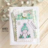 Layered card with the snowman in a teal hat, plaid and lace, 'Smiling so big, I loved your gift.'