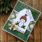 Green plaid card with the snowman on a tag with greenery, 'Your gift made my holiday sparkle.'