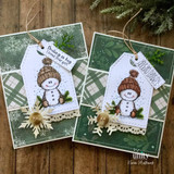 Two green plaid cards with the snowman on tags, 'Smiling so big, I loved your gift' and 'Your gift made my holiday sparkle.'