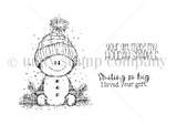 Red rubber stamp sheet with a small snowman in an oversized pom pom hat and scarf, beside 'your gift made my HOLIDAY SPARKLE' and 'Smiling so big, I loved your gift.'