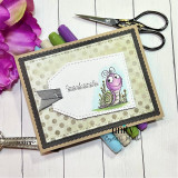 Handmade card with a cheerful cartoon snail among tiny wildflowers, sentiment 'Snail mail because good things take time' from Patiently Posted.