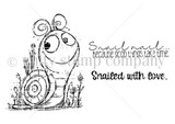 The Patiently Posted red rubber stamp shown as line art: a happy snail with 'Snail mail... because good things take time' and 'Snailed with love' sentiments.