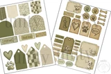 Two sheets of All the Good Boys ephemera - olive and sage tags, hearts, paw prints, dog bones and woof speech bubbles, with a sketched puppy and labels reading rescued, best boy and a little love goes a long way.