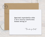 Instant download printable greeting card from Unity Stamp Company. “Against improbable odds...” PDF prints two cards per sheet for easy at-home printing.