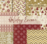 Holiday Encore 6x6 paper pack fanned out: snowflakes, Christmas trees, chevrons and tiny stars in cranberry red, gold and warm cream.