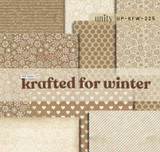 Krafted for Winter 6x6 paper pack fanned out: kraft and cream papers with snowflakes, dots, honeycomb and subtle winter prints in warm neutral tones.