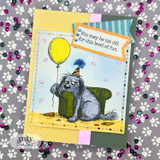 A handmade card featuring a tired, hungover shaggy dog in a party hat slumped by a balloon and gift from Unity Stamp Co's Party Pup red rubber stamp set, with the sentiment 'You may be too old for this level of fun.'.