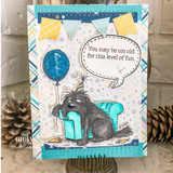A stamped card showcasing a tired, hungover shaggy dog in a party hat slumped by a balloon and gift from Unity Stamp Co's Party Pup red rubber stamp set, with the sentiment 'You survived another year of bad decisions.'.