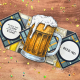 Card featuring the amber beer mug on wood-grain and cross-pattern paper with circular sentiment tags reading 'Another beer older, another beer wiser' and 'BEER ME!'