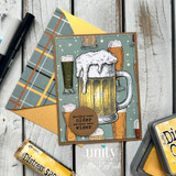 Handmade card with a frothy beer stein layered on plaid paper, stamped 'Another beer older, another beer wiser' - a birthday card for the beer lover.