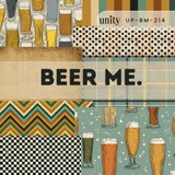 BEER ME paper pack cover: 6x6 sheets of frosty pint and beer glass prints, woodgrain, black and white checks, chevrons and plaids in amber, teal and charcoal behind the bold title.