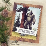Rustic card with the Sasquatch on a torn kraft panel and 'You're the kind of man they write legends about' on a folded banner.