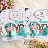 Two cards with the coloured fluffy bird holding hearts and 'LOVE. just because.'