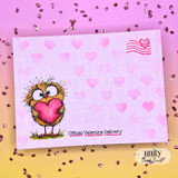 Pink hearts card with the coloured bird holding a pink heart and 'Official Valentine Delivery.'