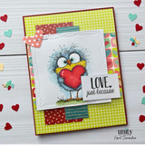 Green and red card with the bird holding a heart and 'LOVE. just because.'