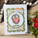 Soft green frame card with the bird holding a heart and 'i simply love you.'
