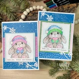 Handmade card made with Unity Stamp Co’s The Softest Thoughts red rubber stamp set — a fluffy bunny in a knit beanie hugging a heart, with a snowflake — stamped and colored, with the sentiment “a little reminder that you're pretty wonderful”.